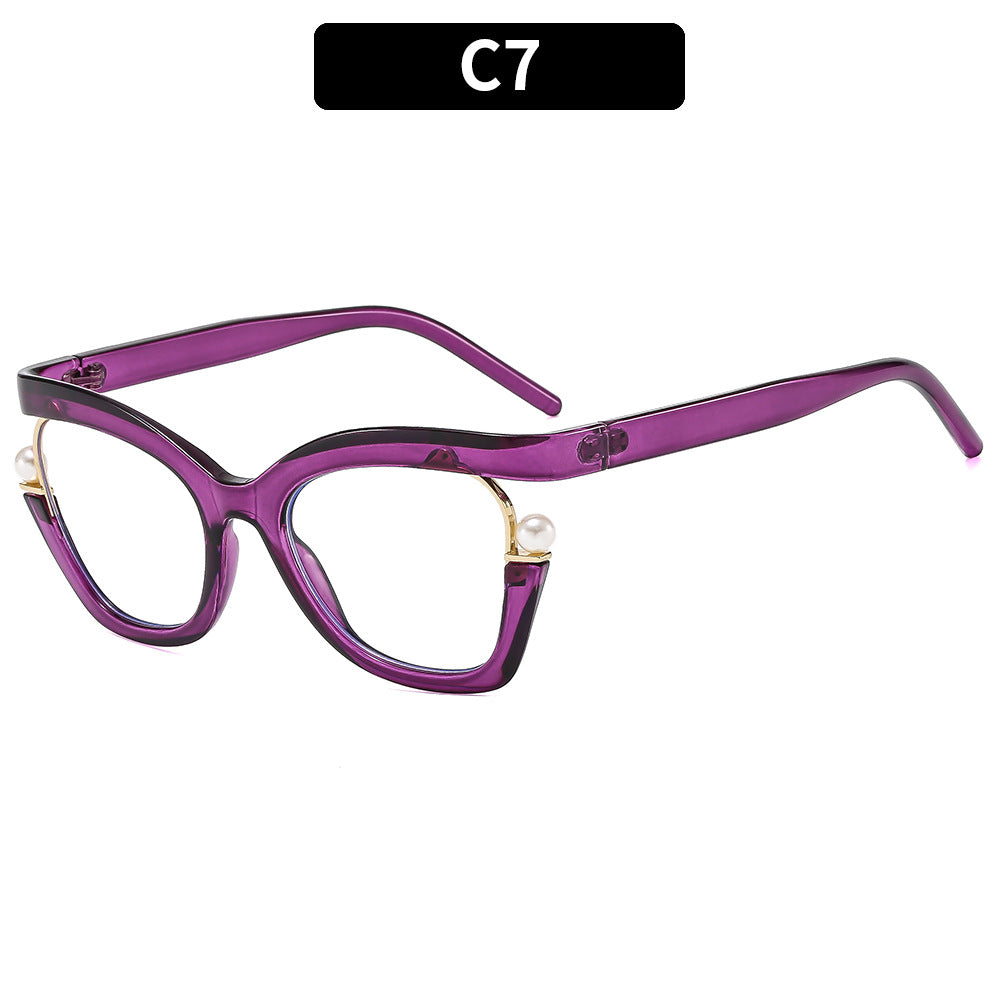 Wholesale PC Anti Blue Light Pearl Decorative Eyeglass Frames with Flat Lenses